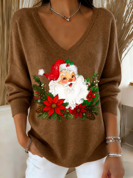Women Santa Claus Long Sleeve Tee T-shirt V Neck Printing Casual Spring/Fall Top, JustFashionNow T-Shirts, color:Brown|size:4XL,