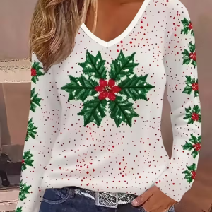Casual Christmas V Neck Long Sleeve T-shirt, T-shirts, color:White|size:XXL, catalog Noracora shop