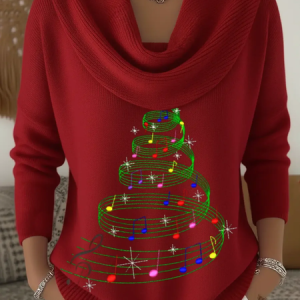 Women Christmas Printing Spring/Fall Casual Long Sleeve Cowl Neck Sweater, JustFashionNow Sweaters, color:Red|size:3XL,