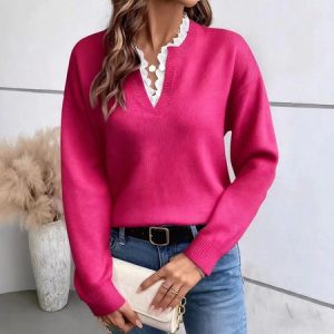 Women Plain Long Sleeve Comfy Casual Sweater, Hoodies & Sweatshirts, color:Deep Pink|size:XL, catalog Noracora shop