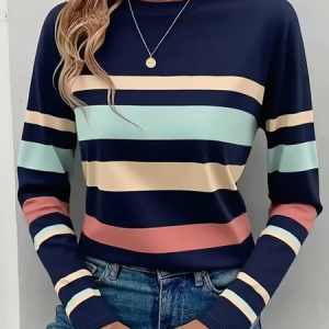 Casual Striped Crew Neck Long Sleeve T-shirt, T-shirts, color:Purplish Blue|size:XXL, catalog Noracora shop