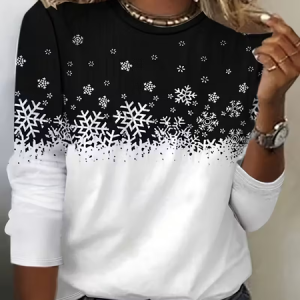 Casual Christmas Crew Neck Long Sleeve T-shirt, T-shirts, color:Black-white|size:XXL, catalog Noracora shop