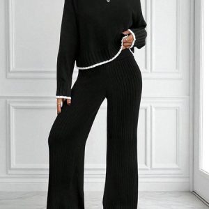 Women Color Block Two-Piece Set Daily Long Sleeve Casual Spring/Fall Top With Pants Matching Set, Sets, color:Black|size:L, catalog Noracora shop