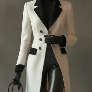 Plus Size Urban Buttoned Color Block Lace Coat, Plus Outerwear, color:Black-white|size:4X, Stylewe