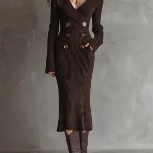 Urban Plain  Buttoned V Neck Sweater Dress, Midi Dresses, color:Brown|size:XXL, Stylewe