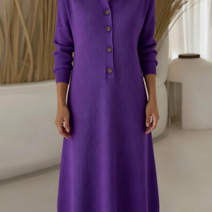 Women Plain Long Sleeve Autumn Dress Shawl Collar Daily Casual Maxi H-Line Dress, JustFashionNow Sweater Dresses, color:Purple|size:XS,