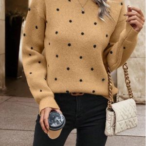 Women Polka Dots Long Sleeve Comfy Casual Printing Sweater, Sweaters, color:Camel|size:XL, catalog Noracora shop