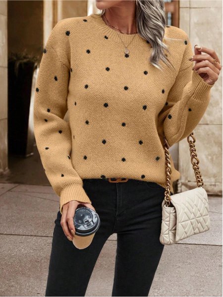 Women Polka Dots Printing Winter Casual Long Sleeve Crew Neck Sweater, JustFashionNow Sweaters, color:Camel|size:XL,
