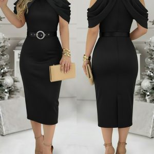 Chic Plain High Neck Party Dress with Cold Sleeves and Sparkling Rhinestones Decor Elegant Slim Fit Midi Dress (With Belt), women Party Dresses, ChicMe catalog