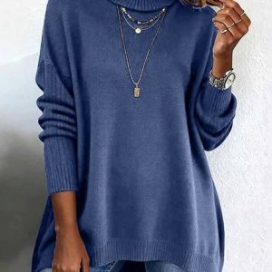 Women Cotton Plain Long Sleeve Comfy Casual Sweater, Sweaters, color:Navyblue|size:XXL, catalog Noracora shop