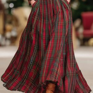 Urban Printing Plaid Maxi Skirt No Belt, Skirts, color:Red|size:XXL, Stylewe