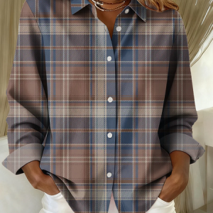 Shirt Collar Regular Sleeve Long Sleeve Plaid Buckle Regular Loose Button Up Shirt Shirt For Women, Shirts, color:Blue|size:XXL, catalog Noracora shop