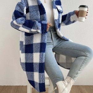 Women's Plaid Winter Outerwear Casual Printing Mid-long Shawl Collar Overcoat, JustFashionNow Coats, color:Blue|size:XL,