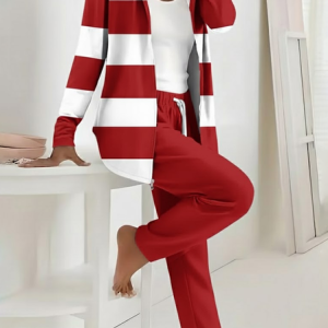 Women Striped Printing Two-Piece Set Daily Long Sleeve Casual Spring/Fall Coat With Pants Matching Set, JustFashionNow Suit Set, color:Red|size:XXL,