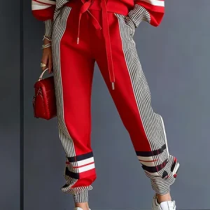 Plus Size Casual Color Block Ankle Banded Pants, Plus Pants, color:Red|size:4X, Stylewe