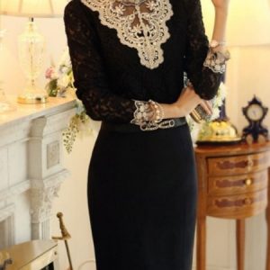 Women Floral Long Sleeve Tee T-shirt Stand Collar Beaded Vintage Spring/Fall Top, JustFashionNow T-Shirts, color:Black|size:3XL