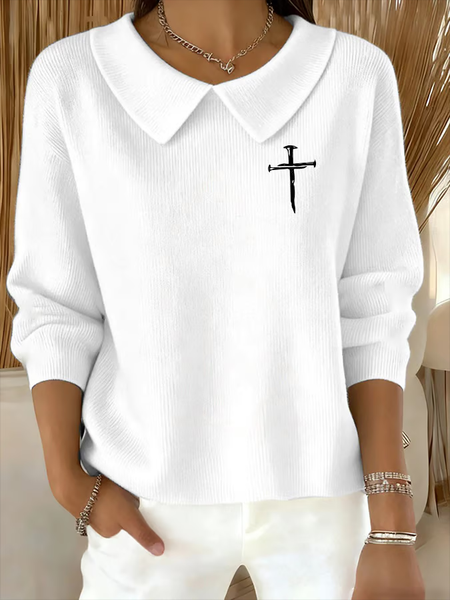 Women Cross Printing Spring/Fall Casual Long Sleeve Shawl Collar Sweater, JustFashionNow Sweaters, color:White|size:4XL,