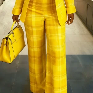 Urban Plaid Printing Wide Leg Pants, Pants, color:Yellow|size:XXL, Stylewe