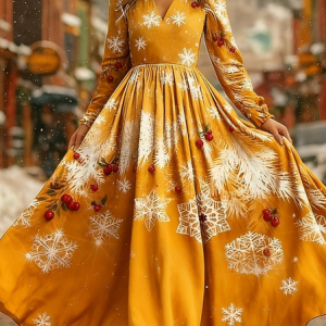 Women Christmas Spring/Fall Dress V Neck Long Sleeve A-Line Dress, Dresses, color:Yellow|size:5XL, catalog Noracora shop