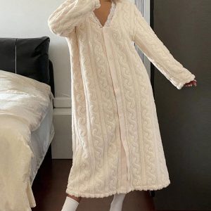 Stylish Contrast Lace V Neck Night Dress Casual Long Sleeve Weaving Knit Coral Sleepwear, women Night Dresses, ChicMe catalog