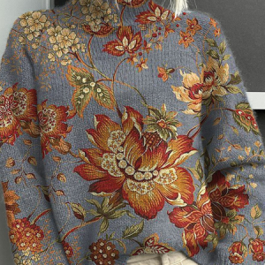 Women Floral Printing Spring/Fall Vintage Long Sleeve Turtleneck Sweater, JustFashionNow Sweaters, color:Gray|size:4XL,