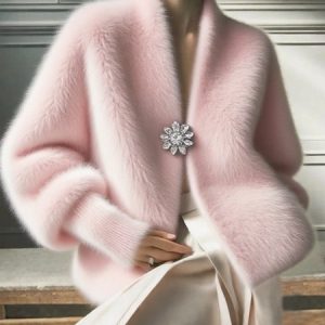 Urban Faux Mink V-Neck Sweater Cardigan with Brooch, Cardigans, color:Pink|size:XXL, Stylewe