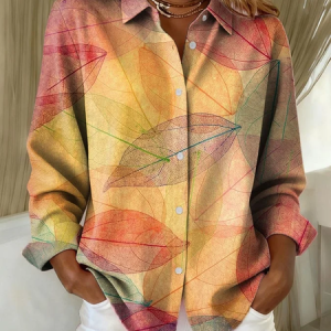 Women Leaf Long Sleeve Shirt Spring/Fall Buckle Shirt Collar Regular Sleeve Daily Casual Top, JustFashionNow Shirts, color:Orange|size:XXL,