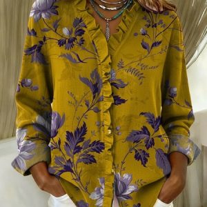 Lace Collar Long Sleeve Floral Regular Loose Shirt For Women, Shirts, color:Color2|size:4XL, catalog Noracora shop