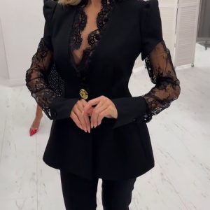Eyelash Lace Trim Deep V-Neck Puff Sleeve Single Breasted Coat Lace Spliced Waist A-Line Blazer Coat, women Jackets & Coats, ChicMe catalog