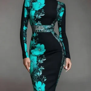 Elegant Floral Printing Stand Collar Midi Dress, Midi Dresses, color:Cyan|size:XXL, Stylewe