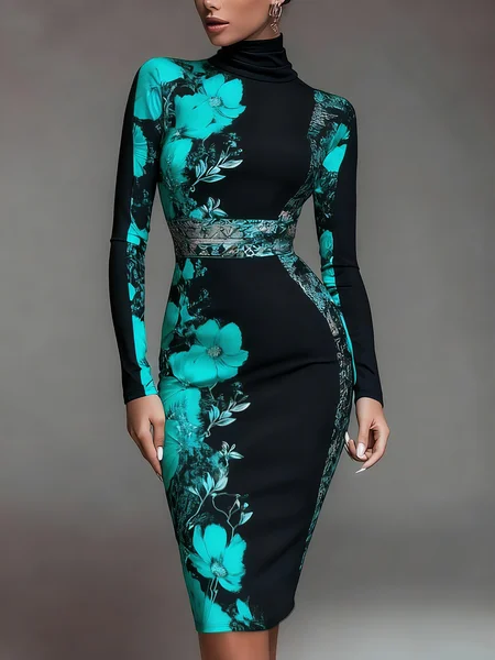 Elegant Stand Collar Jersey Midi Dress Long Sleeve, Midi Dresses, color:Cyan|size:XXL, Stylewe