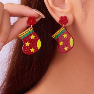 Christmas Earrings Fashion Acrylic Print Christmas Tree Christmas Stockings Gloves Stitching Earrings Christmas Holiday Party Earrings, Earring, color:Color6|size:One-size, catalog Noracora shop