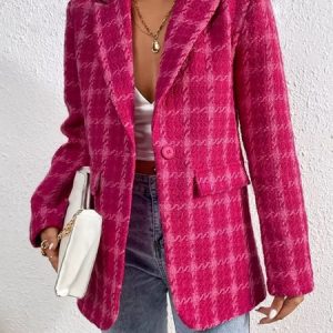 Women Geometric Spring/Fall Outerwear Casual Long Sleeve Shawl Collar Mid-long Blazer, Coats, color:Deep Pink|size:XL, catalog Noracora shop
