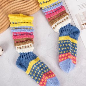 Women's Colorful Striped Slouch Socks Warm Color-blocked Star-patterned Wool Floor Ethnic Style Mid-calf Socks, JustFashionNow Socks, color:Blue|size:One-size,