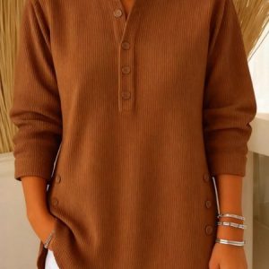 Stand Collar Long Sleeve Plain Regular Loose Blouse For Women, Blouses, color:Deep Brown|size:3XL, catalog Noracora shop
