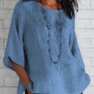 Women's Short Sleeve Blouse Summer Purple Plain Embroidery Cotton Crew Neck Daily Casual Top, JustFashionNow Blouses, color:Blue|size:XXL,