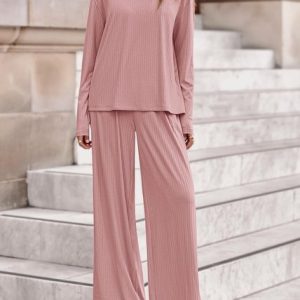 Women Plain Two-Piece Set Daily Long Sleeve Casual Spring/Fall Top With Pants Matching Set, Jumpsuits&Rompers, color:Pink|size:XXL, catalog Noracora shop