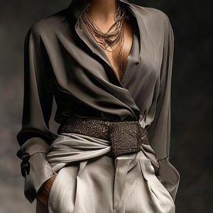 Elegant Plain Stand Collar Shirt, Blouses and Shirts, color:Gray|size:XXL, Stylewe