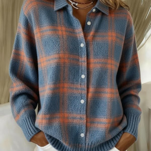 Women Plaid Printing Long Sleeve Shawl Collar Vintage Spring/Fall Cardigan Outerwear, JustFashionNow Cardigans, color:Blue|size:4XL,