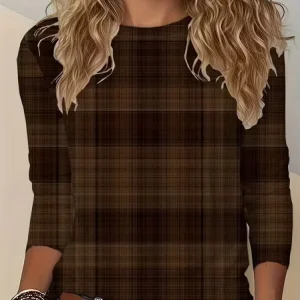 Casual Plaid Crew Neck Long Sleeve T-shirt, Blouses, color:Brown|size:XXL, catalog Noracora shop