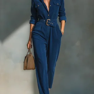 Urban Corduroy Plain Shirt Jumpsuit With Belt, Jumpsuits, color:Blue|size:XXL, Stylewe