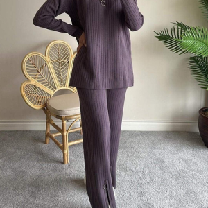 Women Plain Split Joint Two-Piece Set Daily Long Sleeve Casual Spring/Fall Top With Pants Matching Set, JustFashionNow Suit Set, color:Purple|size:5XL,