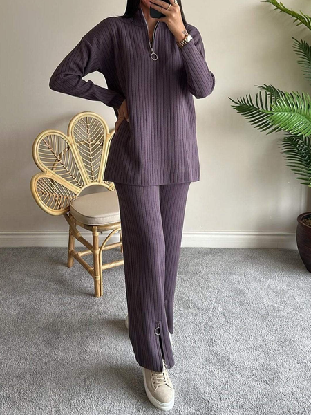 Women Plain Split Joint Two-Piece Set Daily Long Sleeve Casual Spring/Fall Top With Pants Matching Set, JustFashionNow Suit Set, color:Purple|size:5XL,