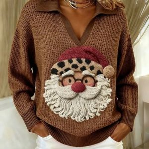 Women Santa Claus Long Sleeve Comfy Vintage Sweater, Sweaters, color:Brown|size:4XL, catalog Noracora shop