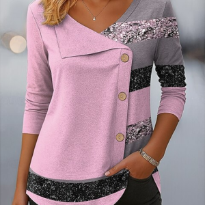 Casual Abstract Stripes V Neck Long Sleeve T-shirt, T-shirts, color:Pink|size:4XL, catalog Noracora shop