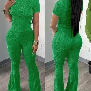 2 Pieces Outfit Round Neck Short Sleeve Top and Elastic Waist Flared Pants Set Slim Fit Textured Set (Multiple Colors Available), women Two-piece Sets, ChicMe catalog