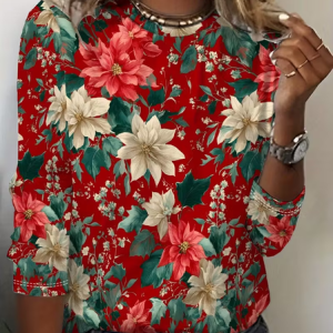 Women Floral Long Sleeve Tee T-shirt Crew Neck Printing Casual Spring/Fall Graphic Tee Top, JustFashionNow T-Shirts, color:Red|size:XXL,