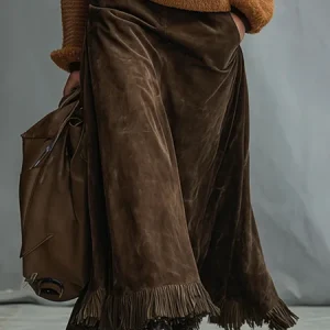 Urban Suede Tassel Plain Maxi Faux Leather Skirt, Skirts, color:Brown|size:XXL, Stylewe