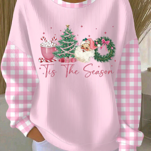 Women Plaid Crew Neck Printing Casual Spring/Fall Long Sleeve Sweatshirt, JustFashionNow Sweatshirts & Hoodies, color:Pink|size:4XL,