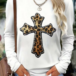 Women Leopard Long Sleeve Tee T-shirt Crew Neck Printing Casual Spring/Fall Graphic Tee Top, JustFashionNow T-Shirts, color:White|size:XXL,